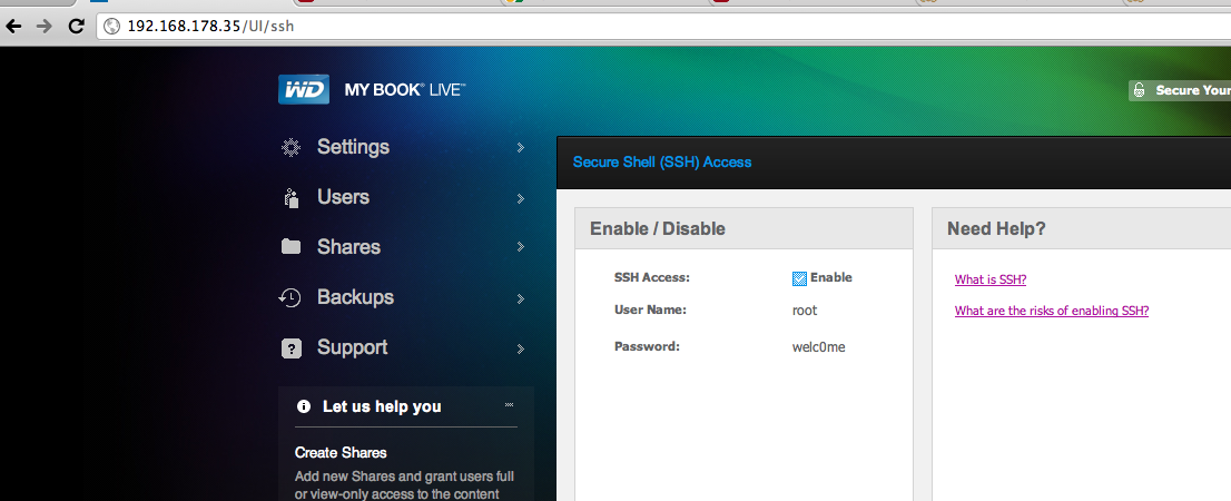 enabling ssh on the mybook